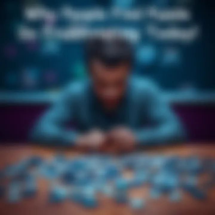 A person sitting at a table looking frustrated while trying to solve a puzzle, with pieces scattered around.