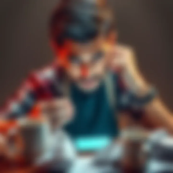 A person looking annoyed at their smartphone displaying a daily quiz, surrounded by crumpled papers and empty coffee cups, reflecting frustration over an ongoing challenge.
