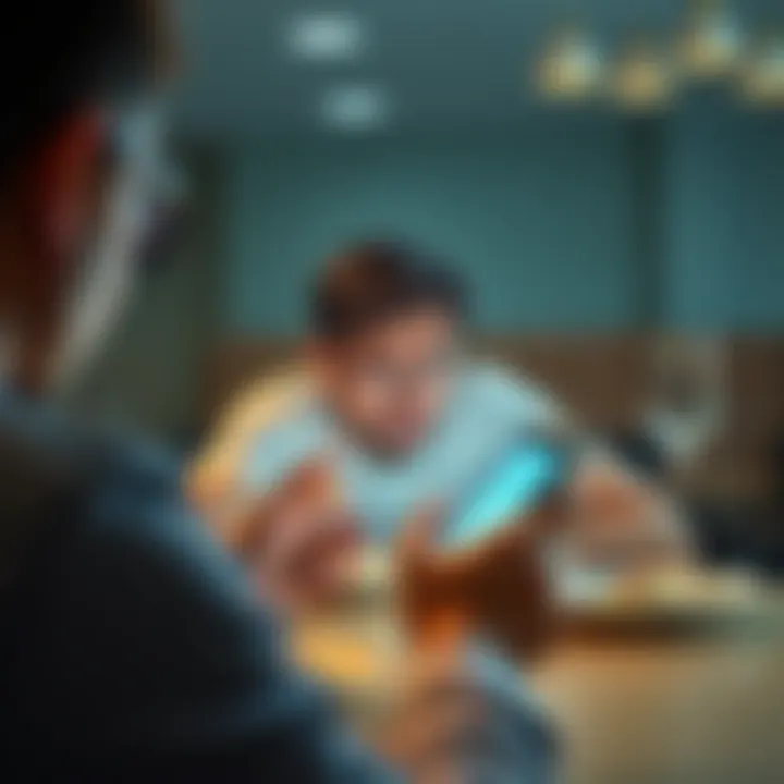 A person looking at their smartphone with a confused expression, surrounded by empty plates and forks, indicating a failed search for nearby restaurants.