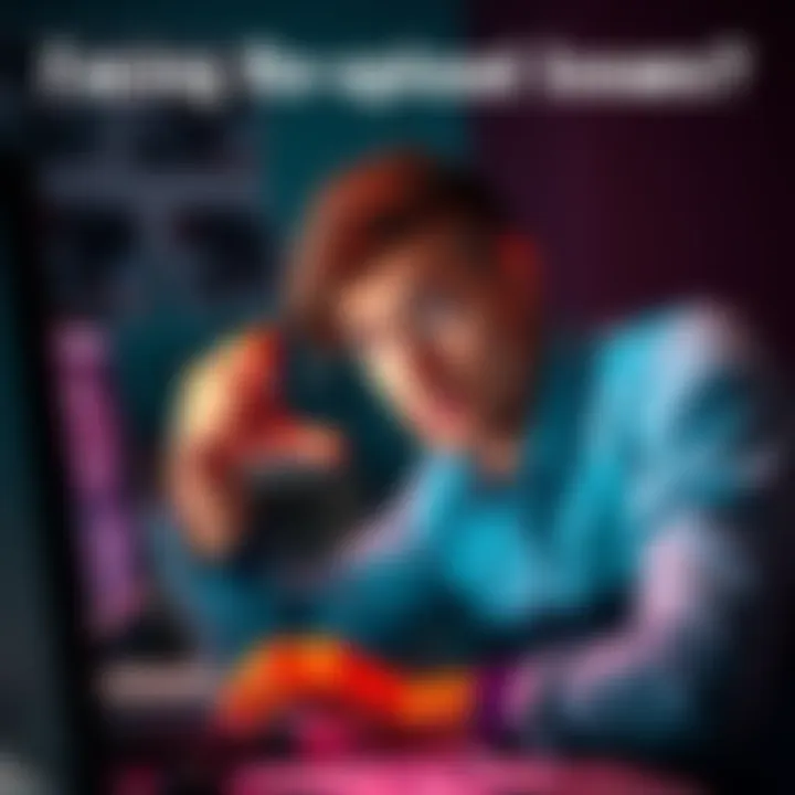 Person frustrated with re-upload issues A person looking frustrated while trying to re-upload content on a computer, showing a loading screen.