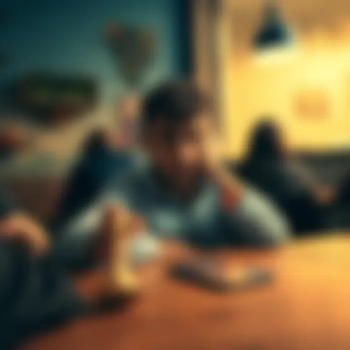 Frustrated person seeking help A person looking disappointed and overwhelmed while sitting at a table surrounded by unhelpful friends, conveying the struggle of seeking support during tough times.