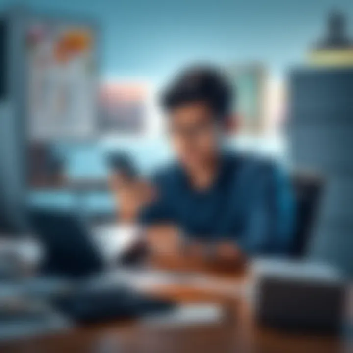 A person sitting at a desk, looking frustrated while checking their phone for support responses, surrounded by paperwork.