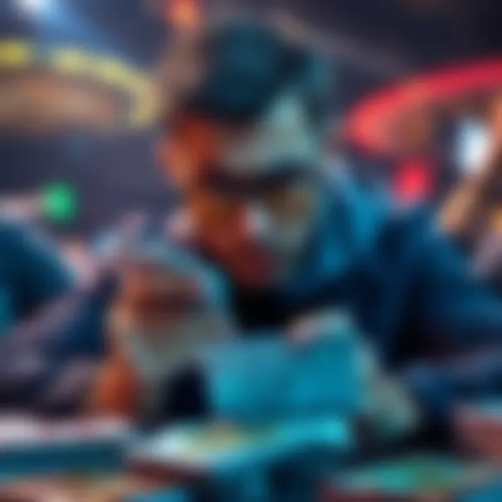 A player looking disappointed while holding cards, surrounded by various card decks, expressing frustration with their game performance.