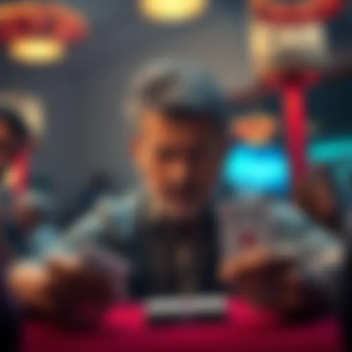 A person looking frustrated while attempting to pull a card from their deck in a card game setting.