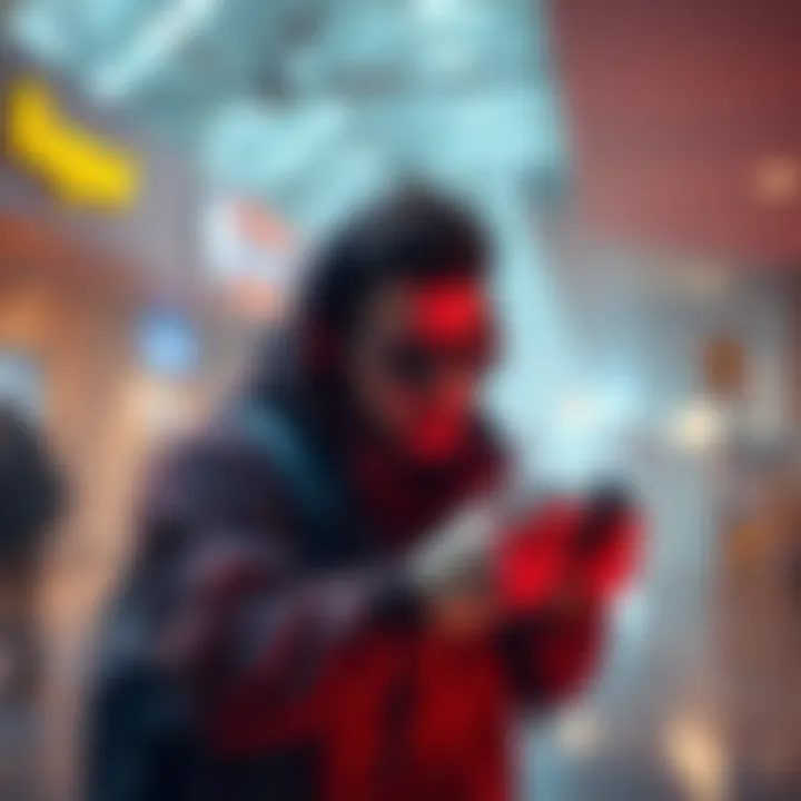 A player looking frustrated at the East Mall location with an invaded area in the background, holding a game controller and checking their task list.