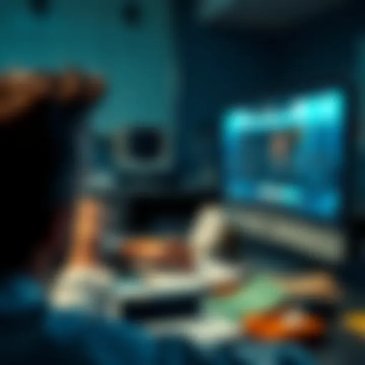 A person looking stressed and confused while working on a computer with the Executive Affairs game on the screen and various notes scattered around.