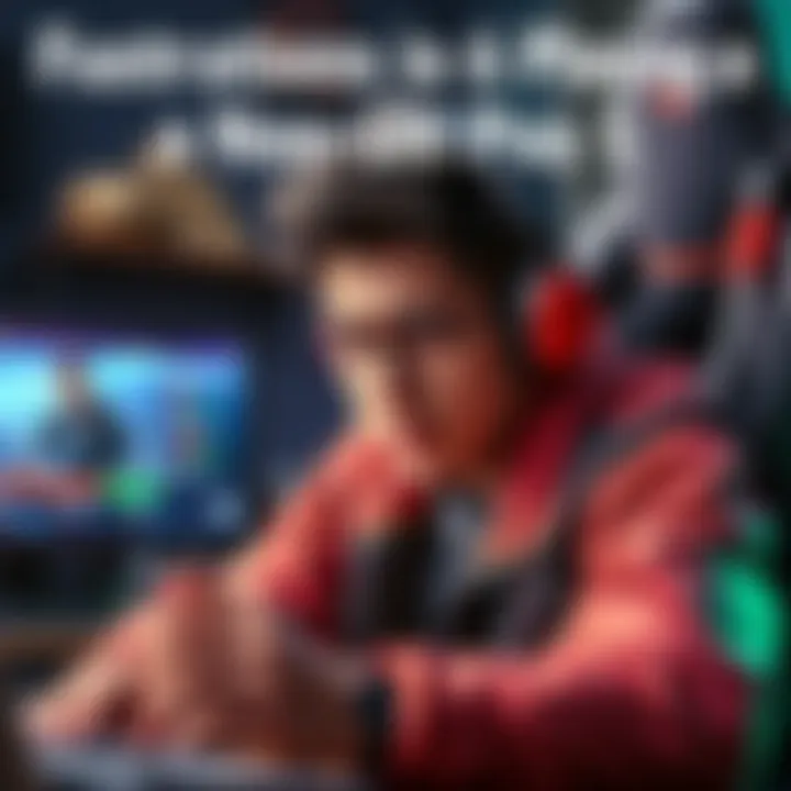 Frustrated player in a game A gamer showing frustration while playing with a role 5 character lacking utility, surrounded by in-game items and low stats display