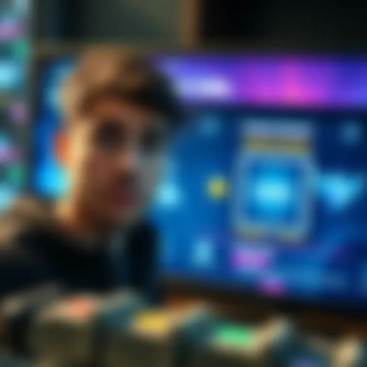 Frustrated player looks at game screen A gamer with a confused expression staring at a game screen displaying a Premium Reward button and a Codex screen