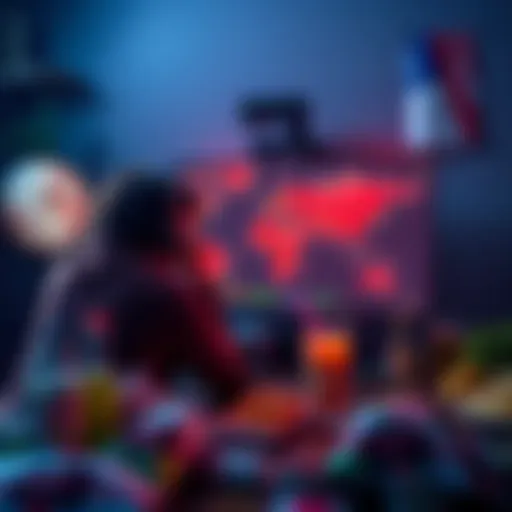 A gamer showing frustration while playing a challenging red map on a screen, surrounded by snacks and drinks, indicating a long gaming session.