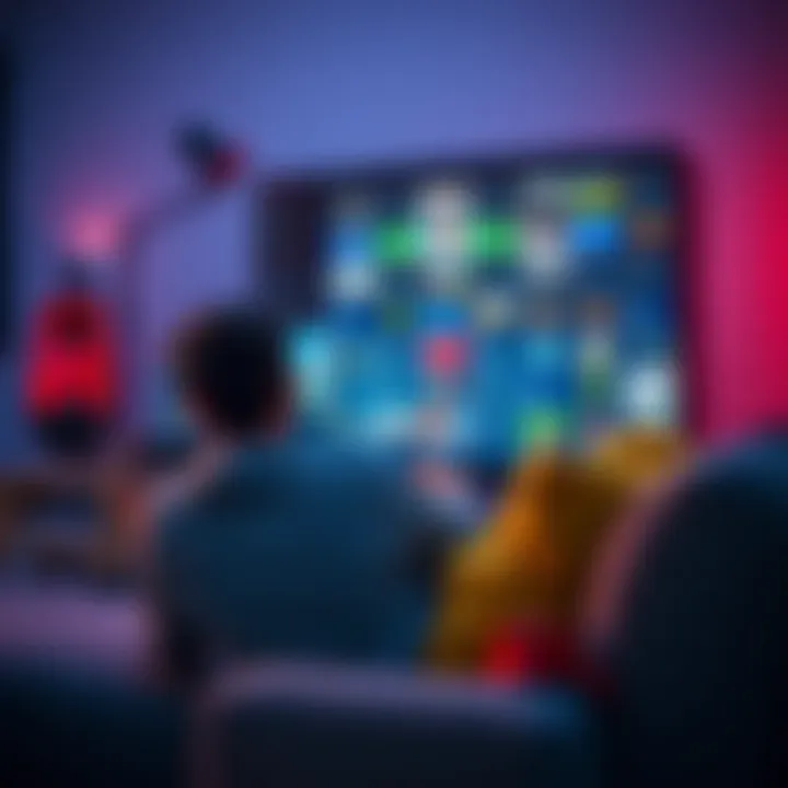 A person sitting on a couch, holding a game controller, appearing frustrated while looking at a screen filled with various game options.