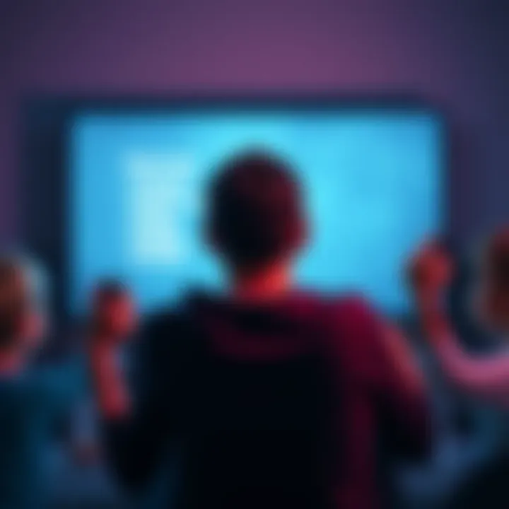 A person looking frustrated while attempting to play a game on a console, staring at a frozen main menu screen with gaming controllers in hand, surrounded by young children who seem eager to play.