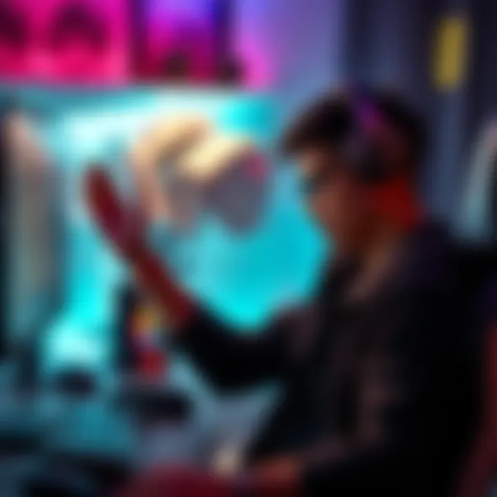 A player showing frustration at their gaming setup, with hands raised and a defeated expression, surrounded by gaming peripherals.