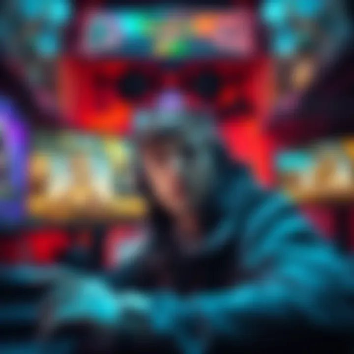 A new player looking frustrated at their gaming setup, surrounded by game characters and upgrade screens