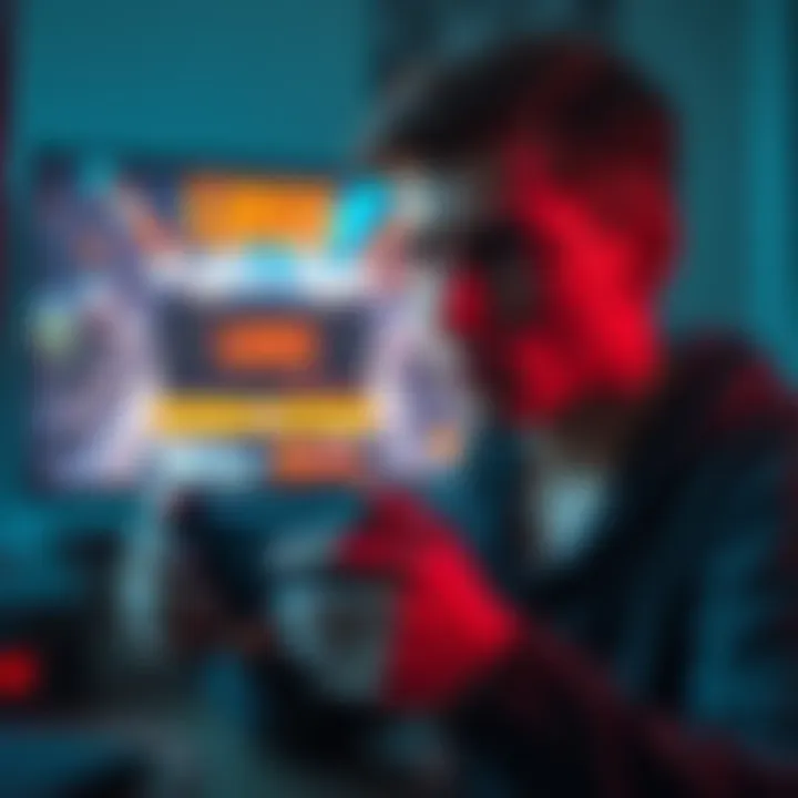 A gamer looking disappointed after losing a match, with a game controller in hand and a screen displaying a loss message in the background