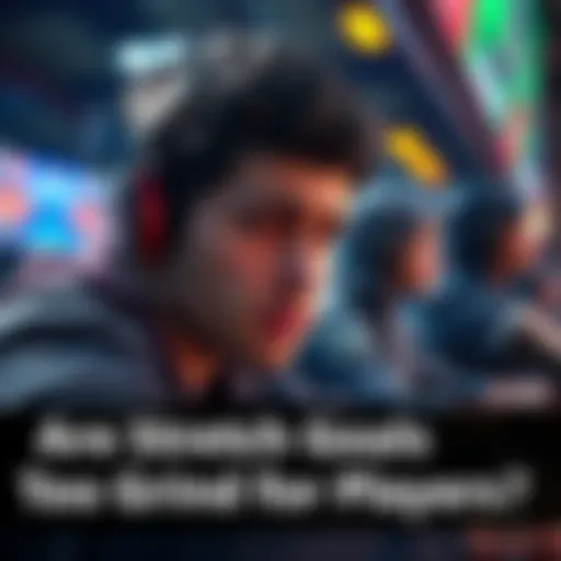 Frustrated player facing stretch goals A player looking stressed while trying to complete repetitive tasks in a video game for rewards.