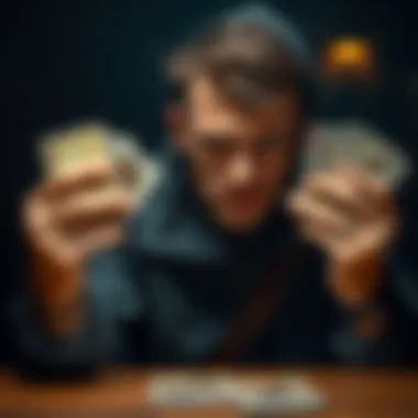 A player looks frustrated while holding up thief priest cards from a card game, showing signs of annoyance and struggle.
