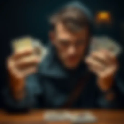 A player looks frustrated while holding up thief priest cards from a card game, showing signs of annoyance and struggle.