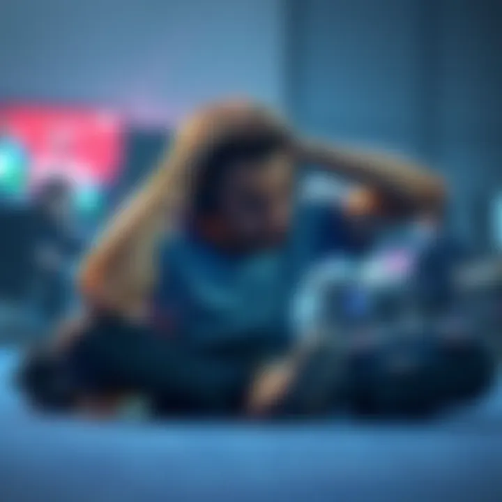 Frustrated Player After Tournament Loss A player sitting on the ground with their head in their hands, showing visible frustration after losing a gaming tournament.