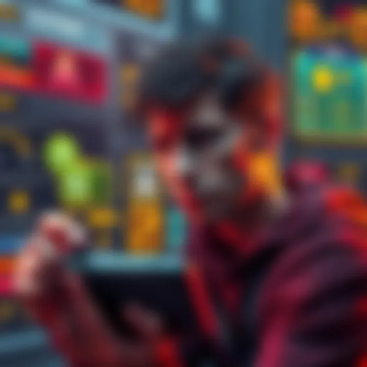 A gamer frowning at a confusing user interface filled with mismatched buttons and unclear navigation options