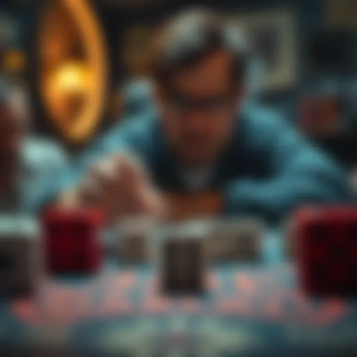 A player looks frustrated while holding a D20 die, surrounded by several other dice on a gaming table