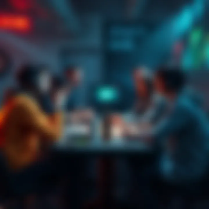 A group of players gathered around a table, expressing frustration over alliance updates, with concerned expressions and gaming gear scattered around.