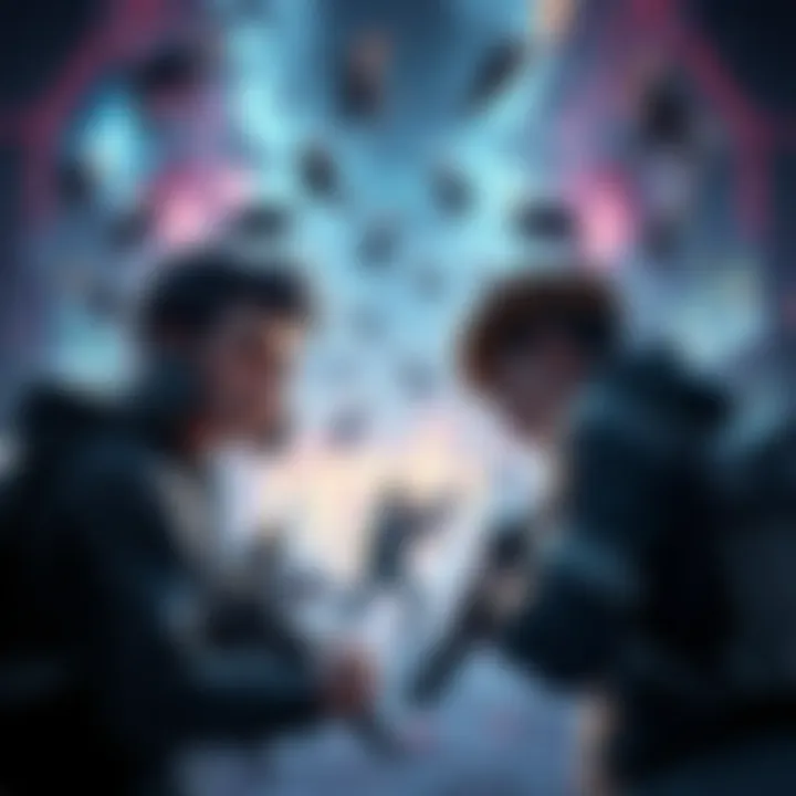 Frustrated players in a chaotic game scene Players express frustration in a visually cluttered gaming environment, struggling with stuns and resource collection for a new character.