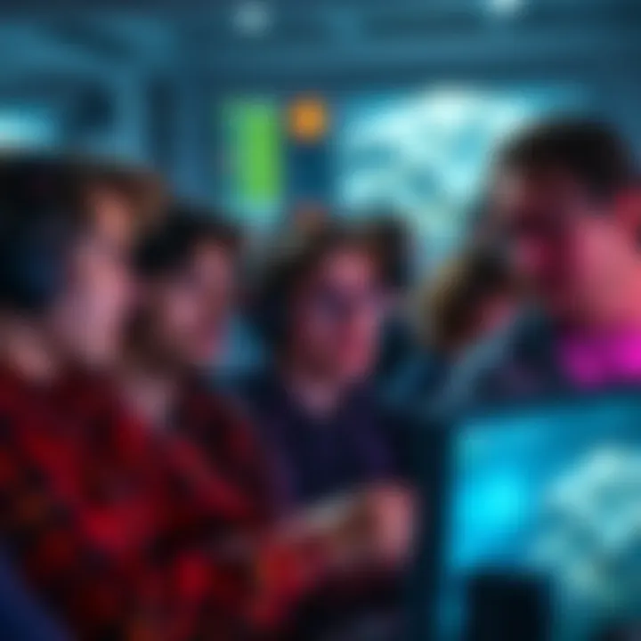 A group of people looking at their screens with expressions of frustration, discussing the delay of the Extinction modifier in a gaming environment.