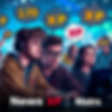 A group of players looking disappointed while discussing their progress in a video game, showing thought bubbles of XP points and rewards.