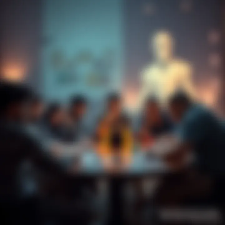 A group of frustrated players gather around a table, discussing the game Mindscape, showing expressions of annoyance and disappointment over strategic choices in gameplay.