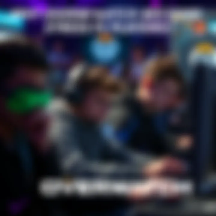 A group of gamers looking stressed while playing Overwatch, with dark backgrounds and competitive elements visible in the game interface.