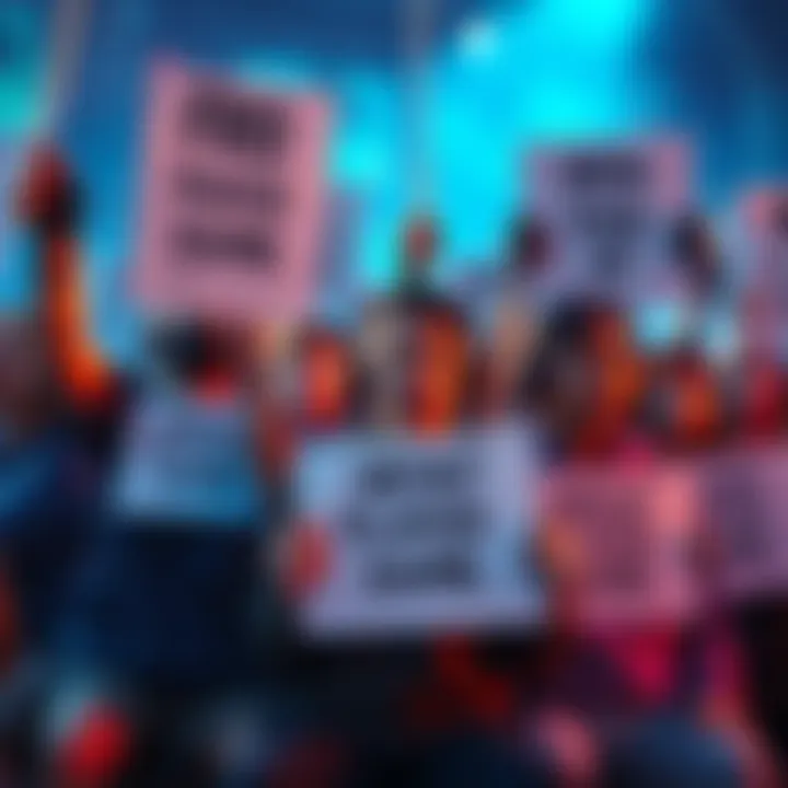 Group of gamers expressing frustration over unfinished game with signs about technical issues