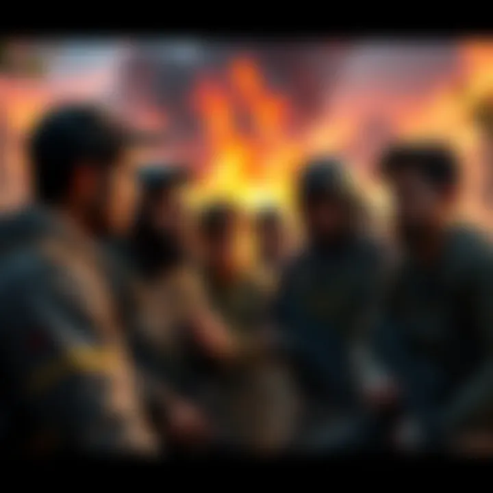 Frustrated players in survival game A group of players in a survival game appear frustrated, discussing strategies as the game's environment changes around them.