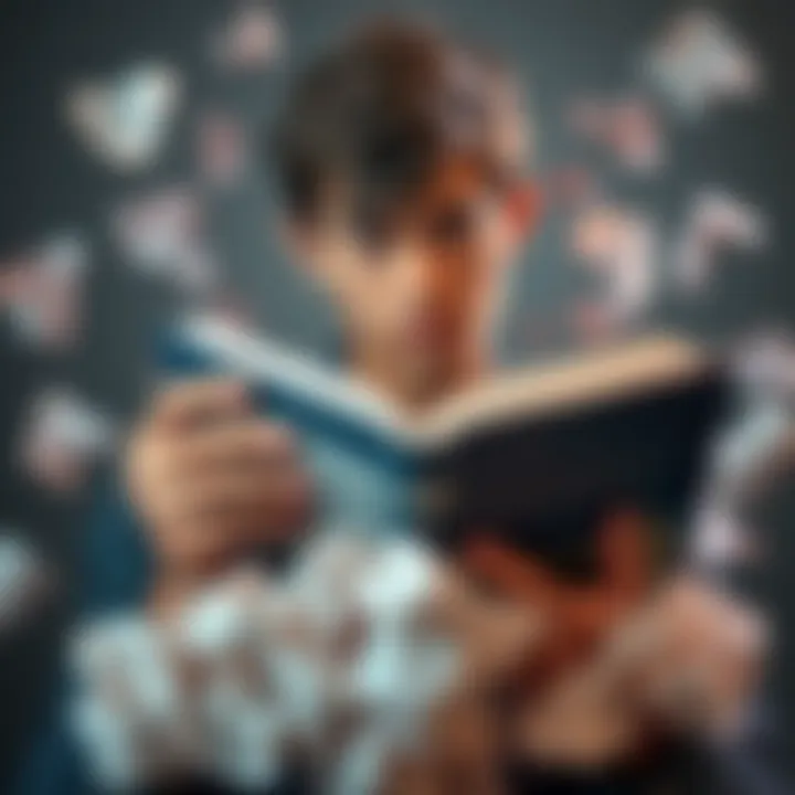 A person looking disappointed while holding a new book, surrounded by crumpled papers, symbolizing frustration with the writing.