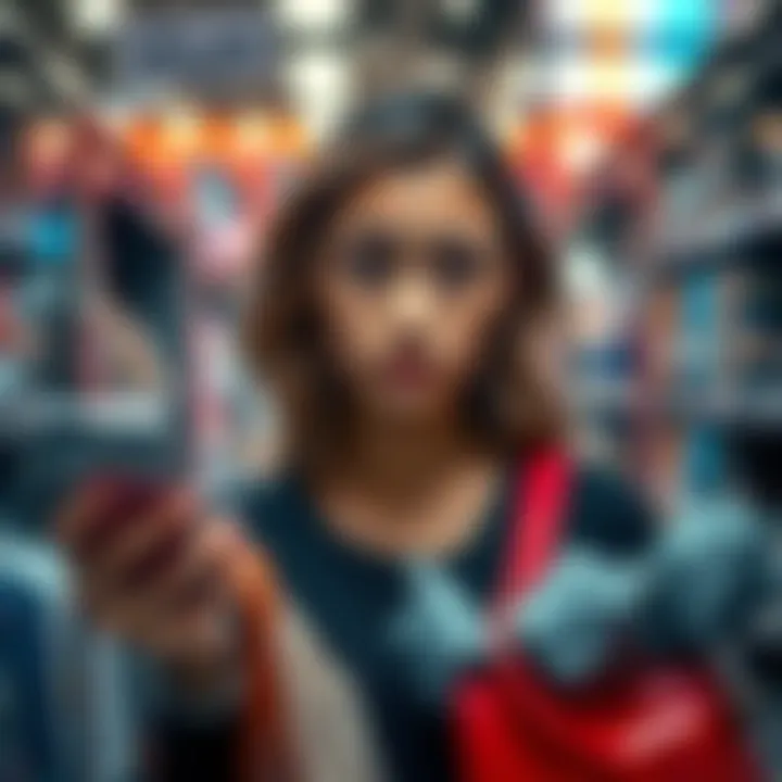 A shopper looking disappointed while holding a product in a store, with a confused expression on their face.