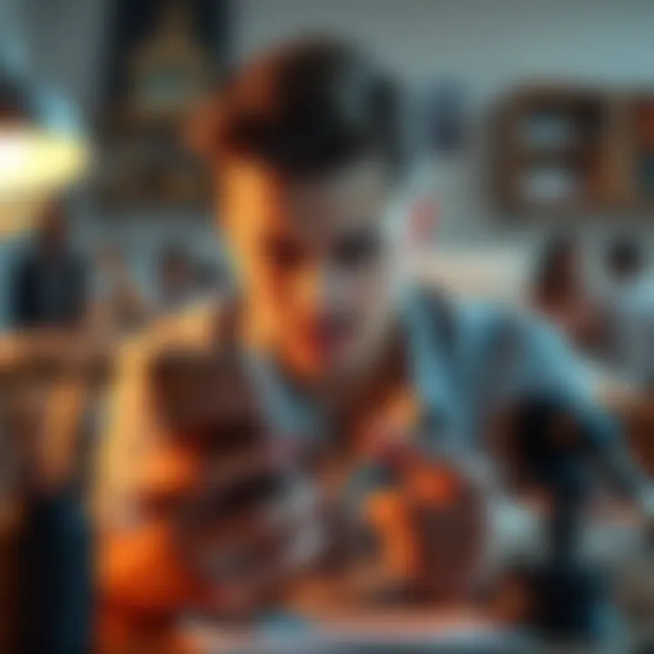 A person looking at their phone with a frustrated expression, surrounded by work items, indicating trouble streaming podcasts on Spotify.