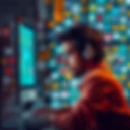 A user sitting in front of a computer, looking stressed while interacting with a cluttered banner interface filled with small icons.