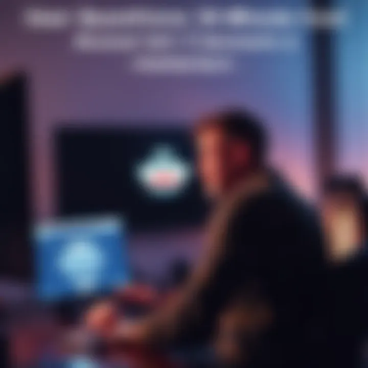 A person sits in front of a computer, showing a blocked account message with a concerned expression