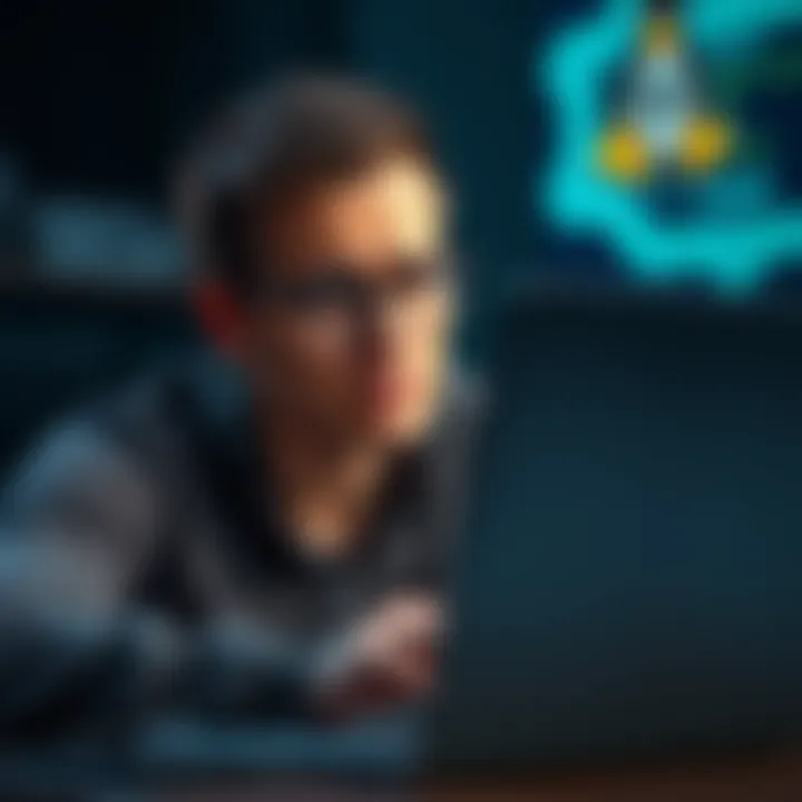A person looking confused while using a Linux operating system on a laptop, showing frustration with the software.