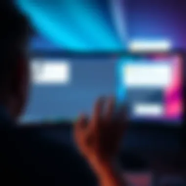 A person looking frustrated at their computer screen displaying a Windows update notification, with additional windows open showing error messages and slow performance.