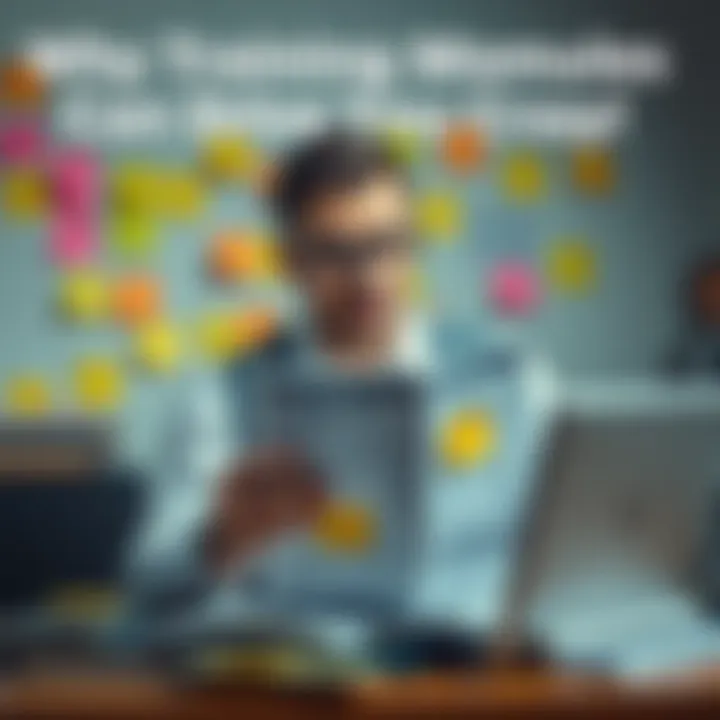 A stressed employee stares at a cluttered desk with a confusing training manual, surrounded by sticky notes and a laptop.