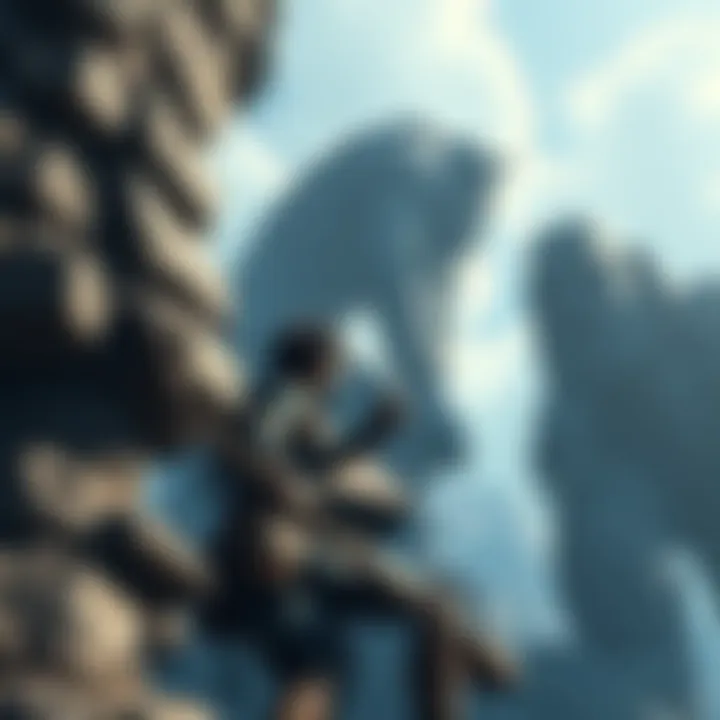 A character struggling to climb a large colossus with poor camera angles and awkward controls