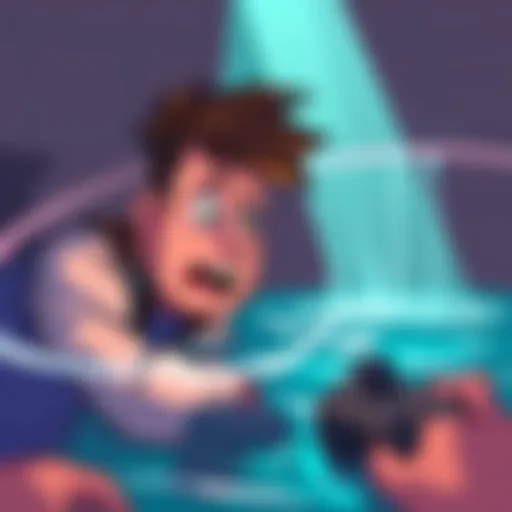 A cartoon showing a player frustrated with a video game featuring unskippable cutscenes and a difficult water level
