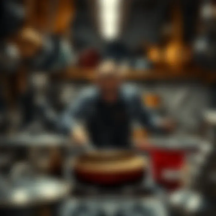 A person searching through a kitchen filled with various pots and pans, looking for the perfect frying pan.