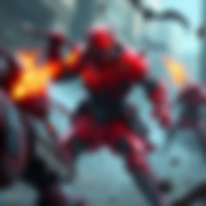 Full Red Build Character in Action A strong character wearing red armor battling tough enemies, showcasing the power of full red builds in the game