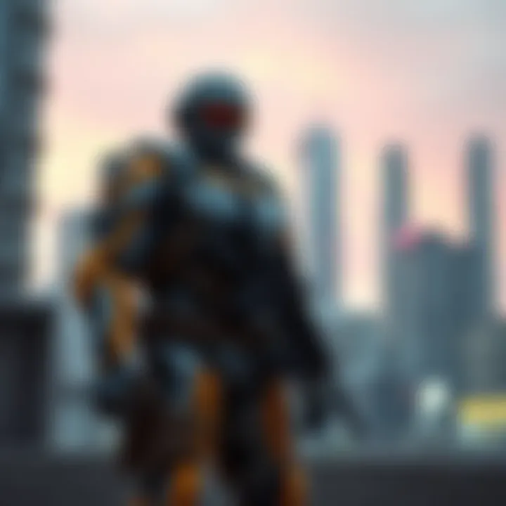 A full-body cyborg soldier stands in an urban environment, showcasing advanced technology and military gear, with a modern city skyline in the background.