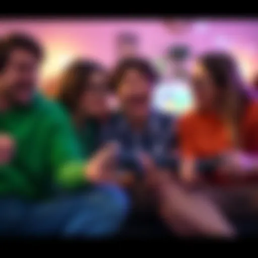 Group of friends playing video games together on Xbox, enjoying laughter and teamwork