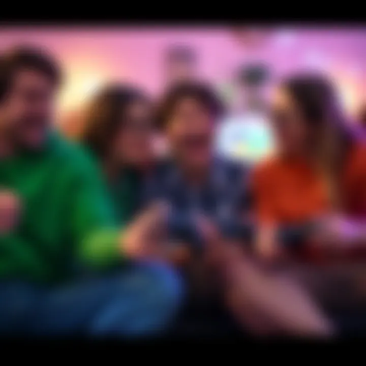 Group of friends playing video games together on Xbox, enjoying laughter and teamwork