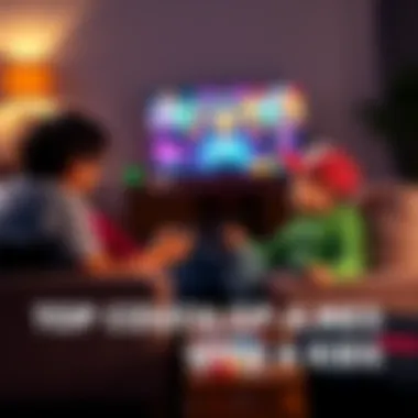 A parent and child playing video games together on a couch, enjoying colorful graphics on the screen, surrounded by gaming controllers and snacks.