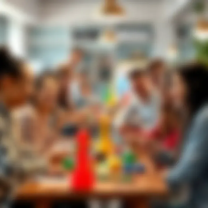 Fun Group Activities A diverse group of people enjoying various fun activities together, such as games and crafts, in a bright and cheerful environment.