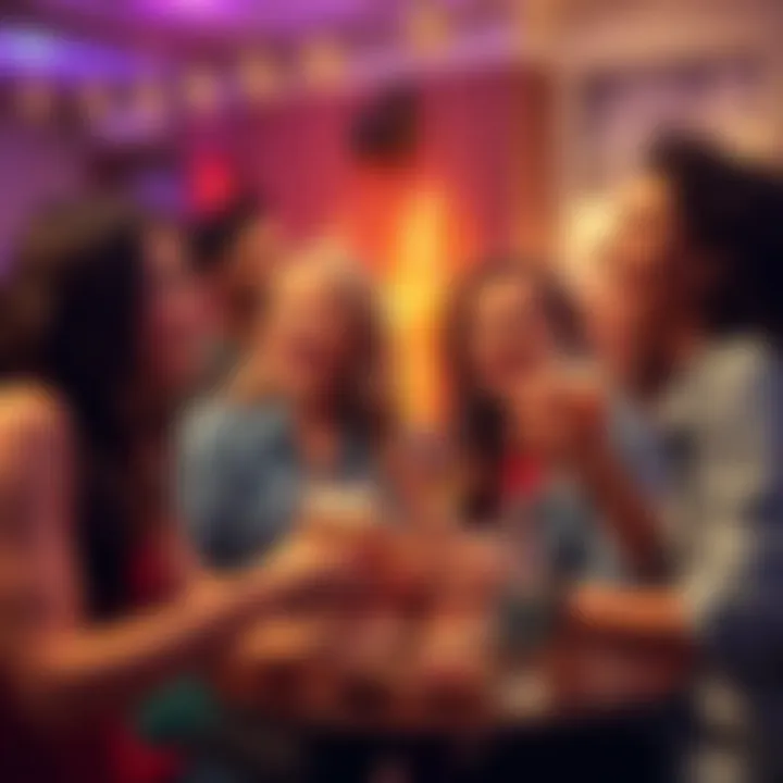 Group of friends enjoying a party A group of friends laughing and celebrating at a party, sharing drinks and snacks.